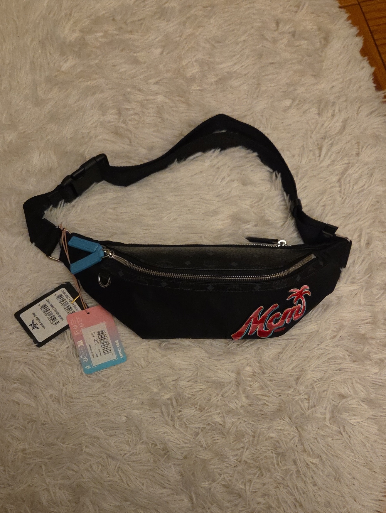 Mcm Black Belt Bag With Red Script Logo